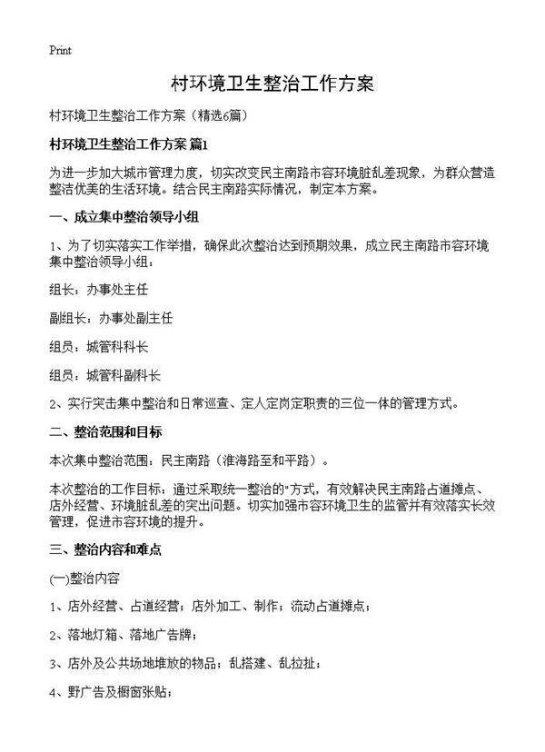 村环境卫生整治工作方案6篇