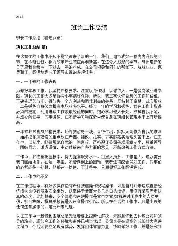 班长工作总结14篇