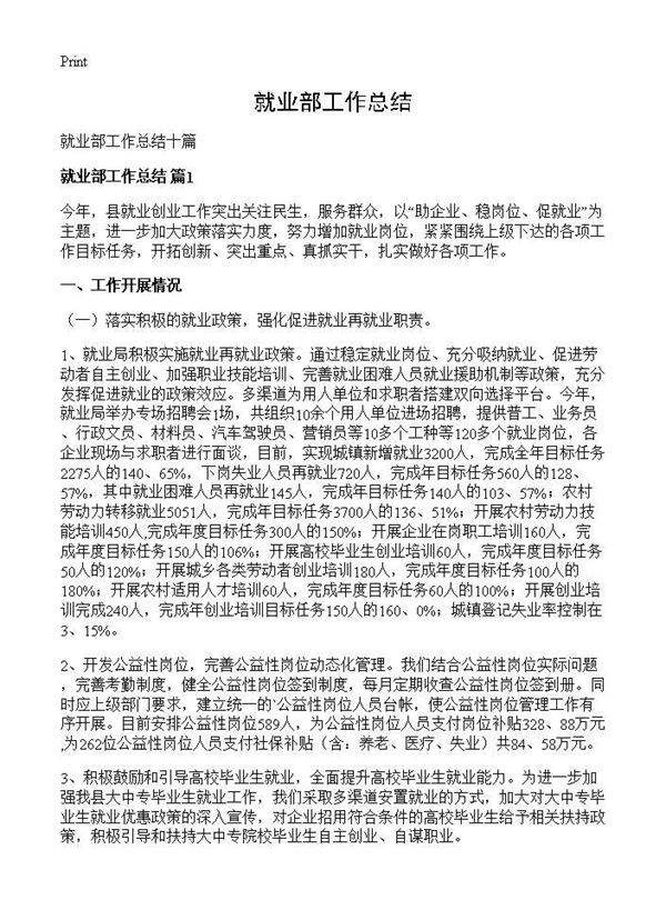 就业部工作总结