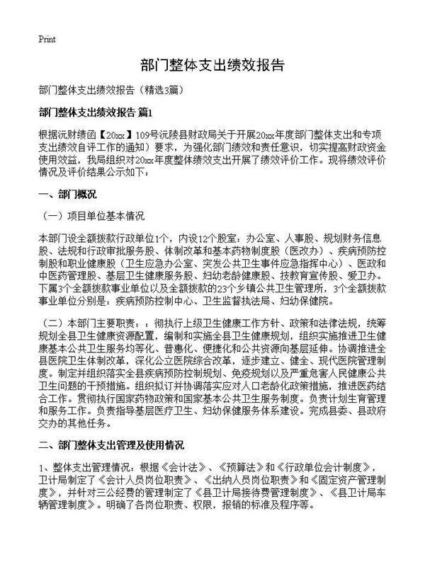 部门整体支出绩效报告3篇