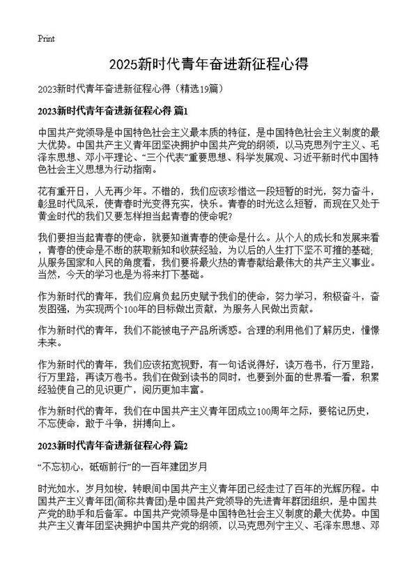 2025新时代青年奋进新征程心得19篇