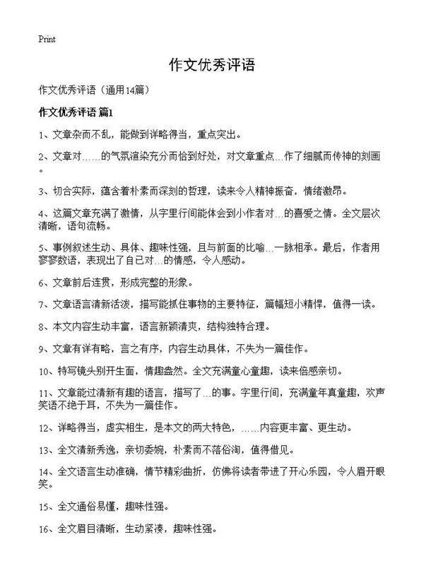 作文优秀评语14篇