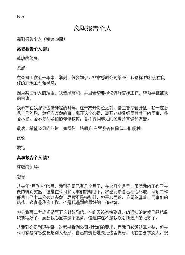 离职报告个人29篇