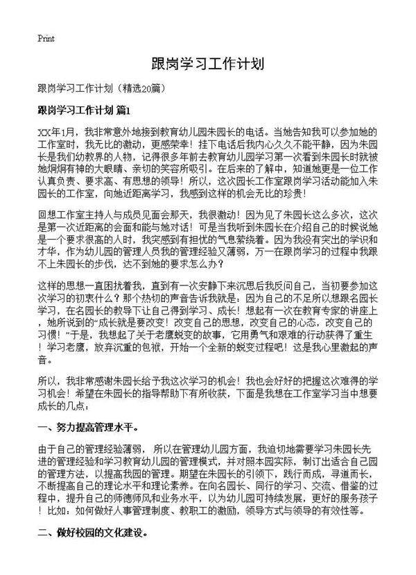 跟岗学习工作计划20篇