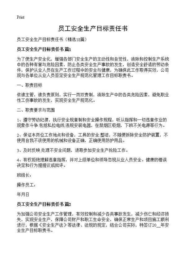 员工安全生产目标责任书18篇