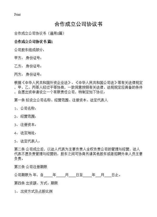 合作成立公司协议书8篇