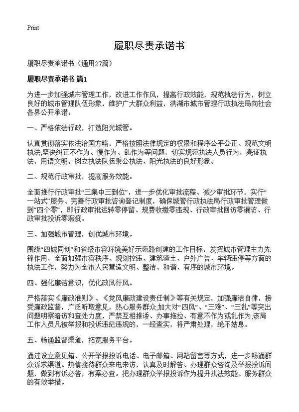 履职尽责承诺书27篇
