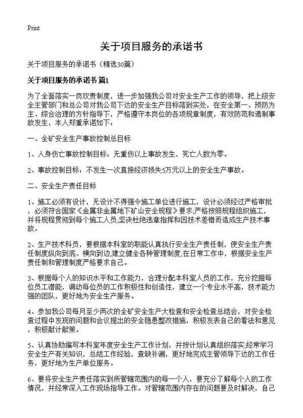 关于项目服务的承诺书30篇