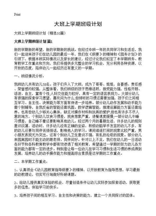 大班上学期班级计划10篇