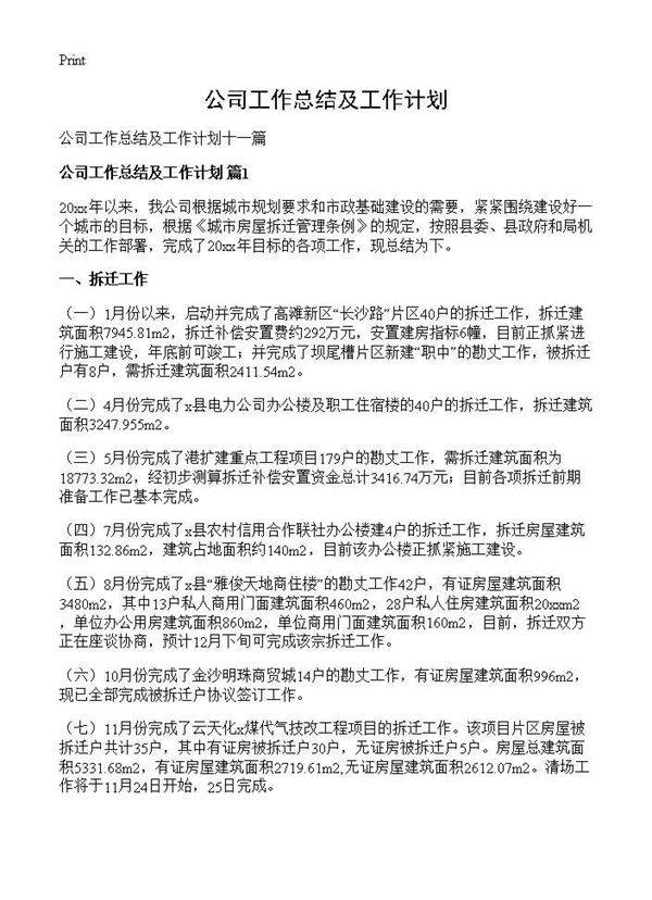 公司工作总结及工作计划