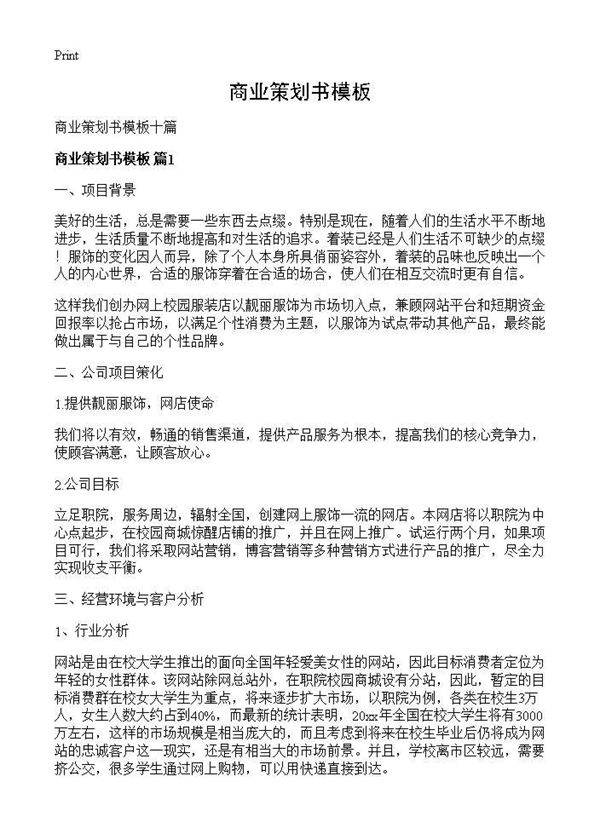 商业策划书模板