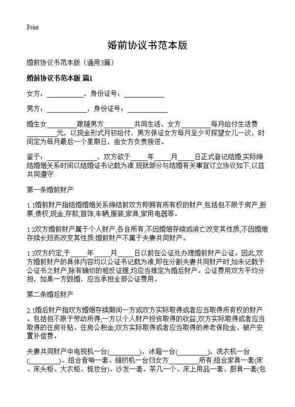 婚前协议书范本版3篇