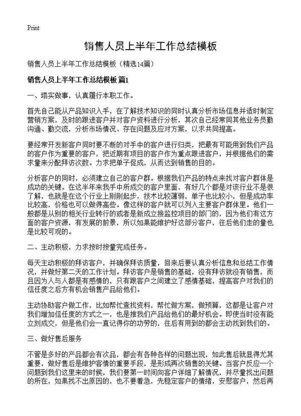 销售人员上半年工作总结模板14篇