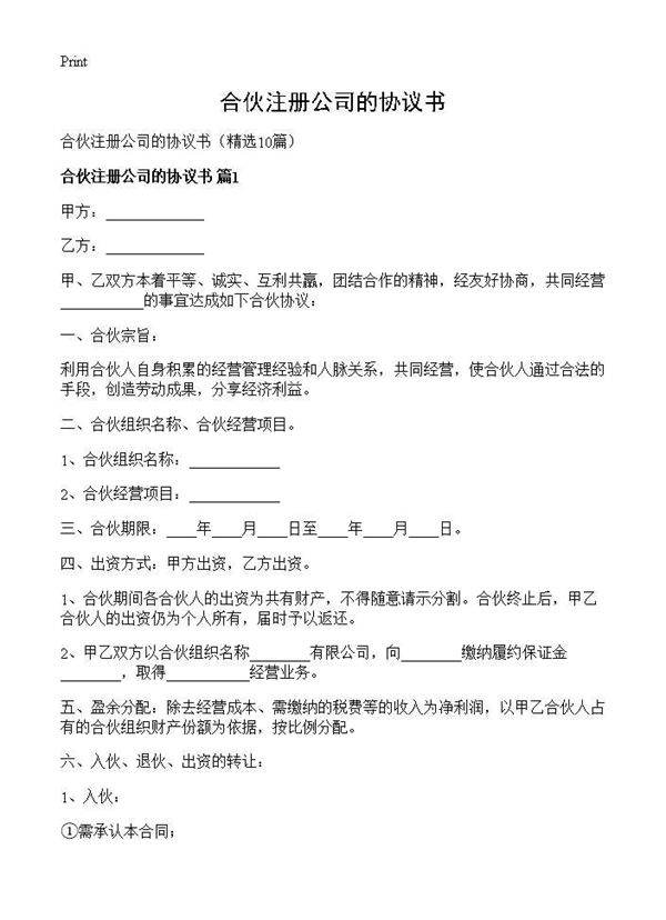 合伙注册公司的协议书10篇