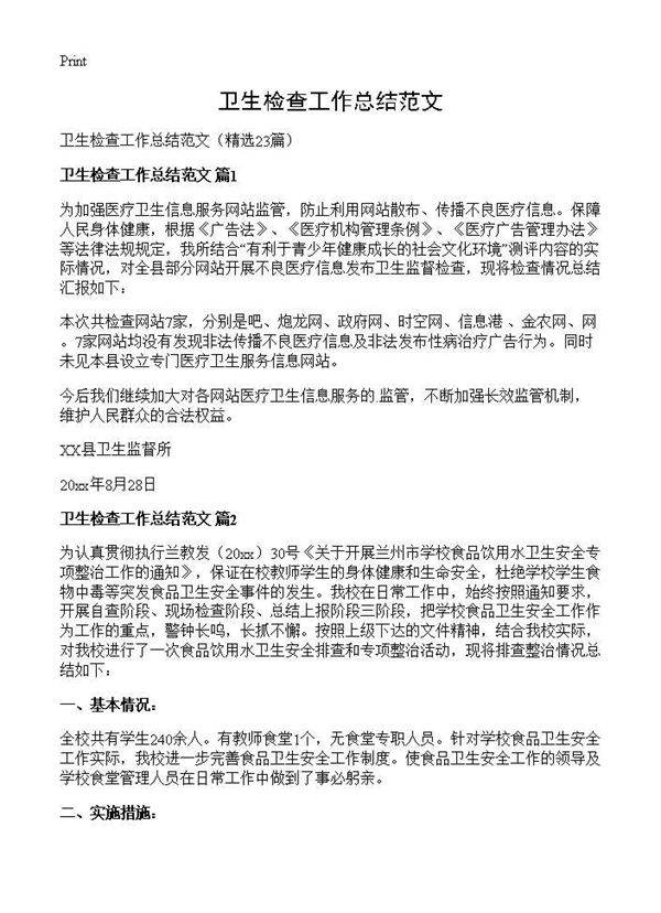 卫生检查工作总结范文23篇