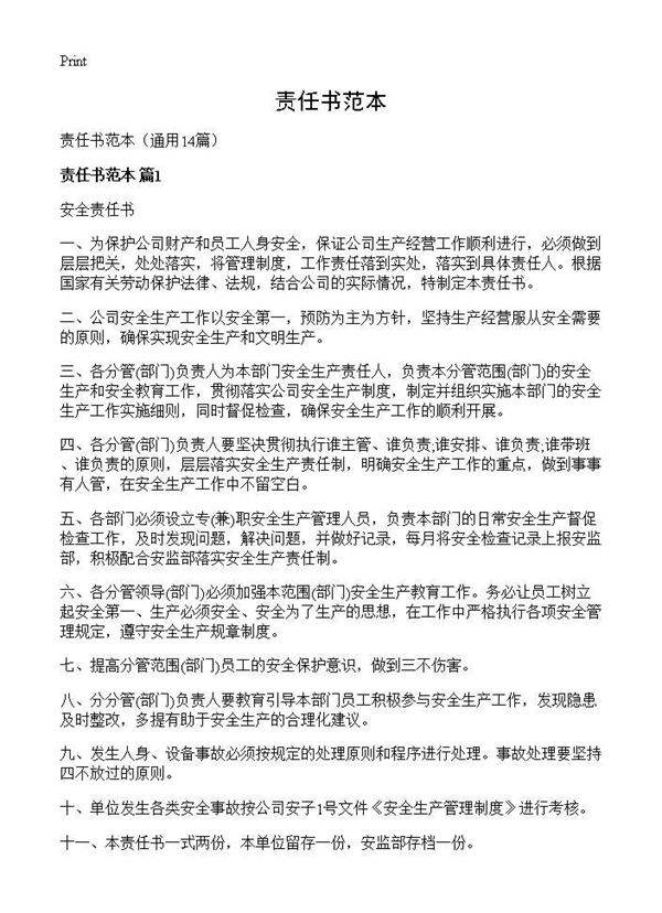 责任书范本14篇