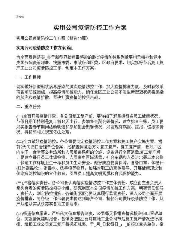 实用公司疫情防控工作方案15篇