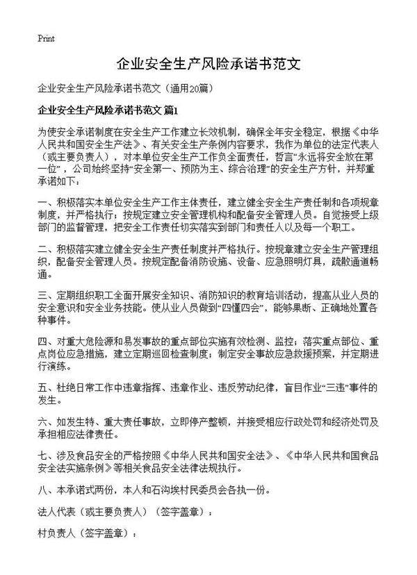 企业安全生产风险承诺书范文20篇
