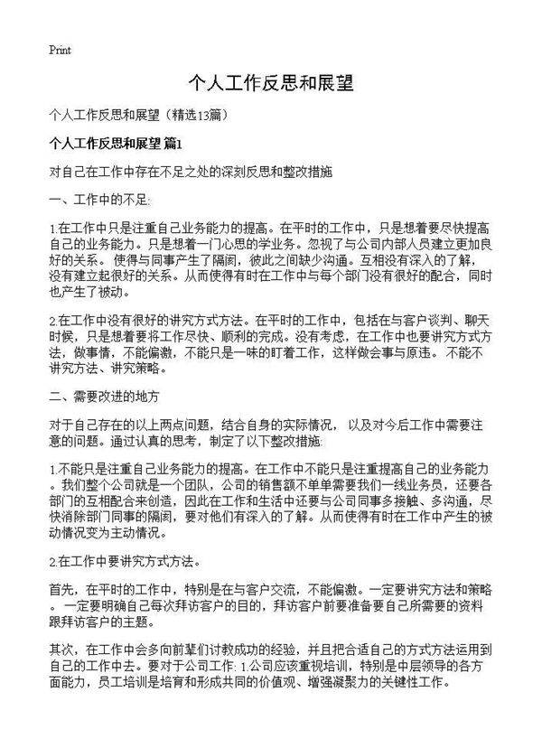 个人工作反思和展望13篇
