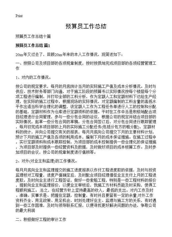 预算员工作总结