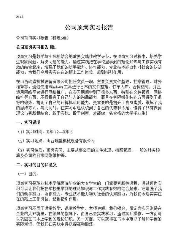 公司顶岗实习报告6篇