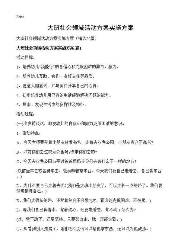 大班社会领域活动方案实施方案20篇