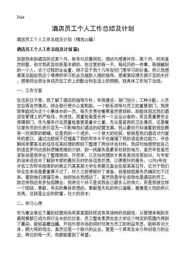 酒店员工个人工作总结及计划20篇