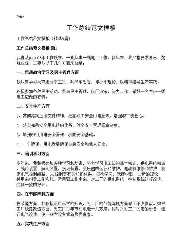 工作总结范文模板9篇