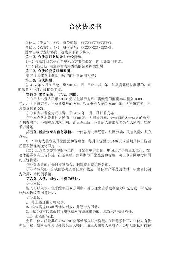 美容院合伙协议书