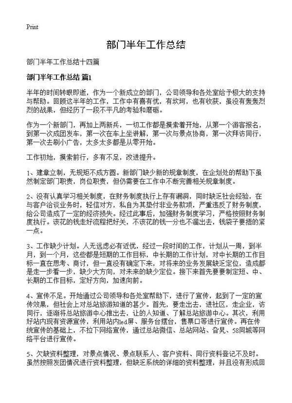 部门半年工作总结