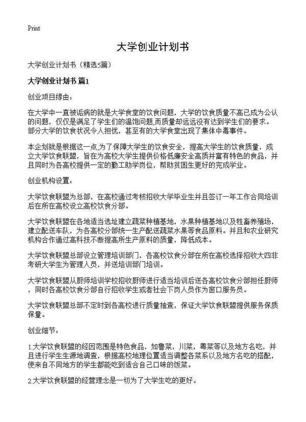 大学创业计划书5篇