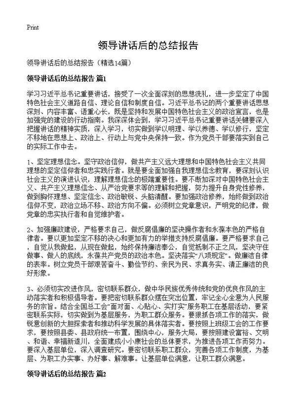 领导讲话后的总结报告14篇