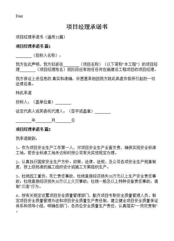 项目经理承诺书31篇