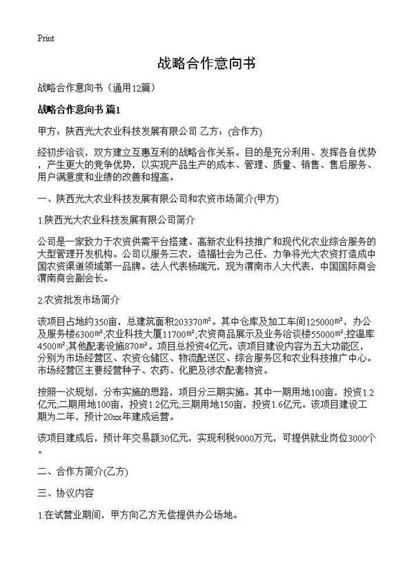 战略合作意向书12篇