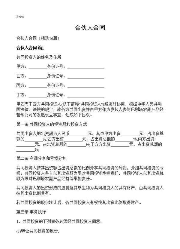 合伙人合同16篇