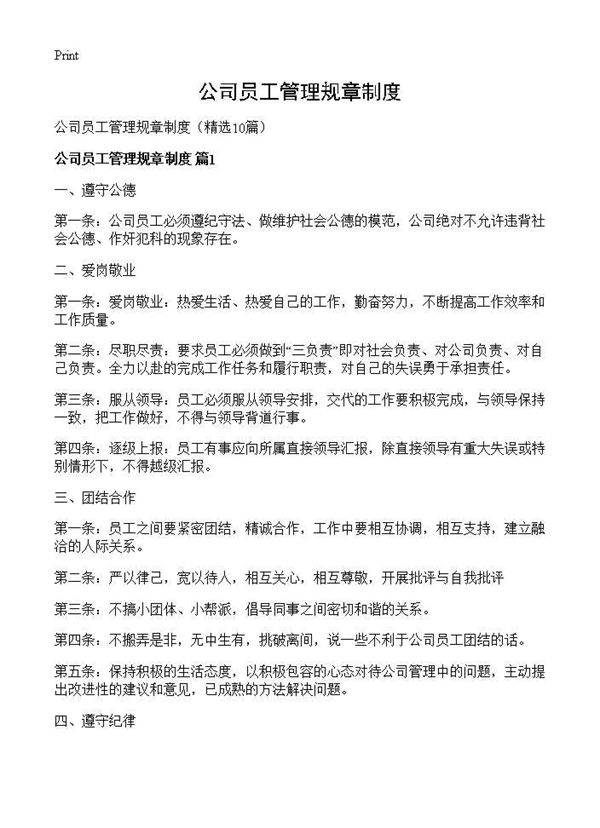 公司员工管理规章制度10篇