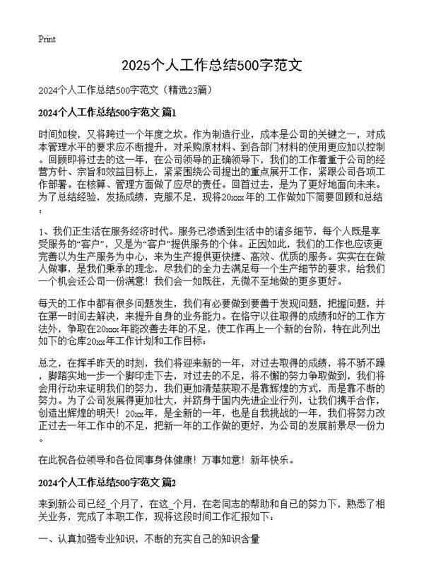 2024个人工作总结500字范文23篇