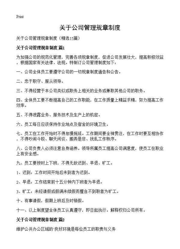 关于公司管理规章制度15篇