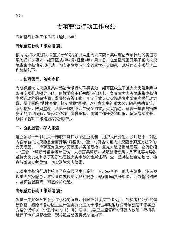 专项整治行动工作总结16篇
