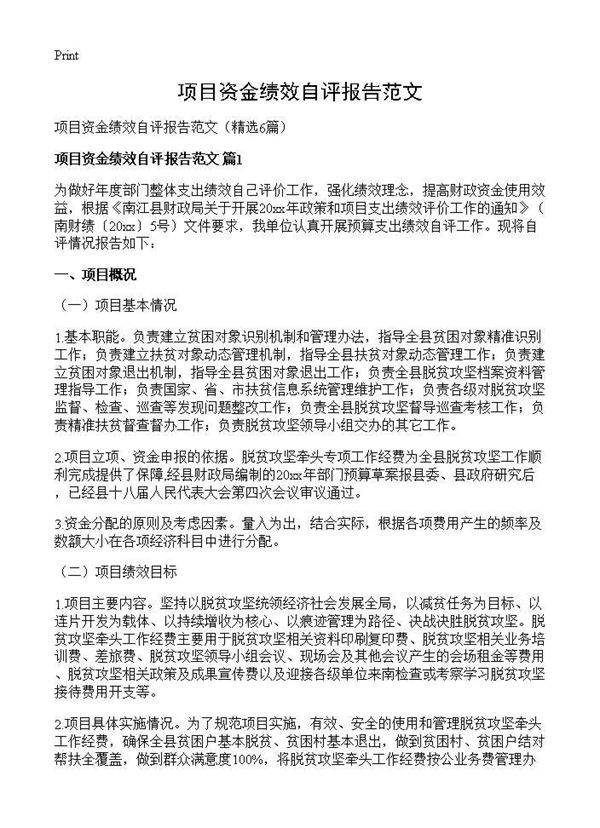 项目资金绩效自评报告范文6篇