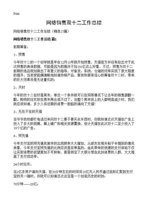 网络销售双十二工作总结17篇