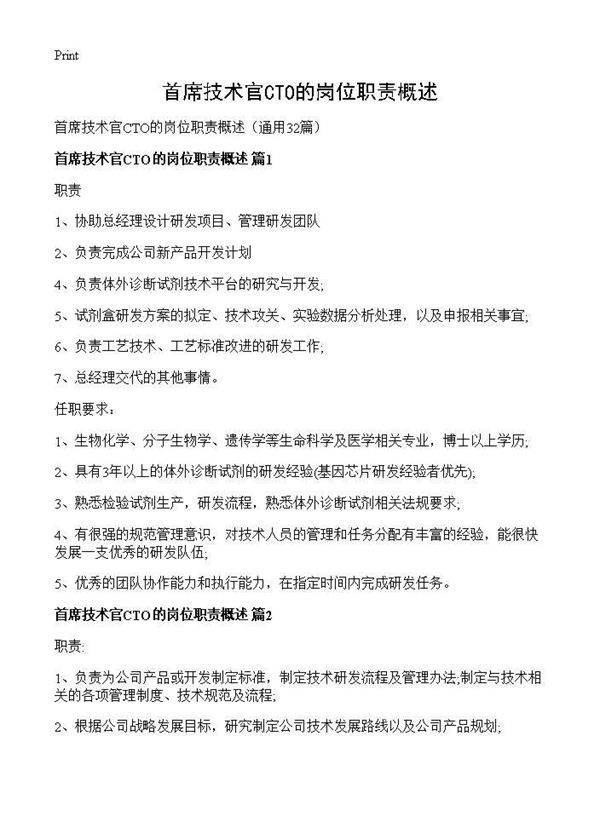 首席技术官CTO的岗位职责概述32篇
