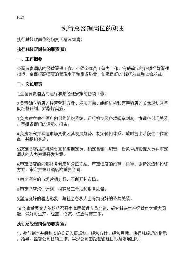 执行总经理岗位的职责30篇