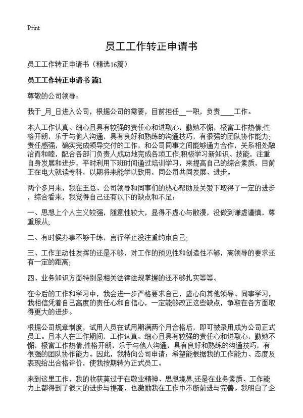 员工工作转正申请书16篇