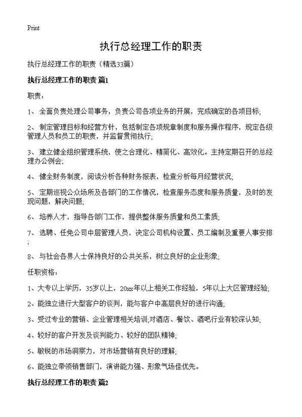 执行总经理工作的职责33篇