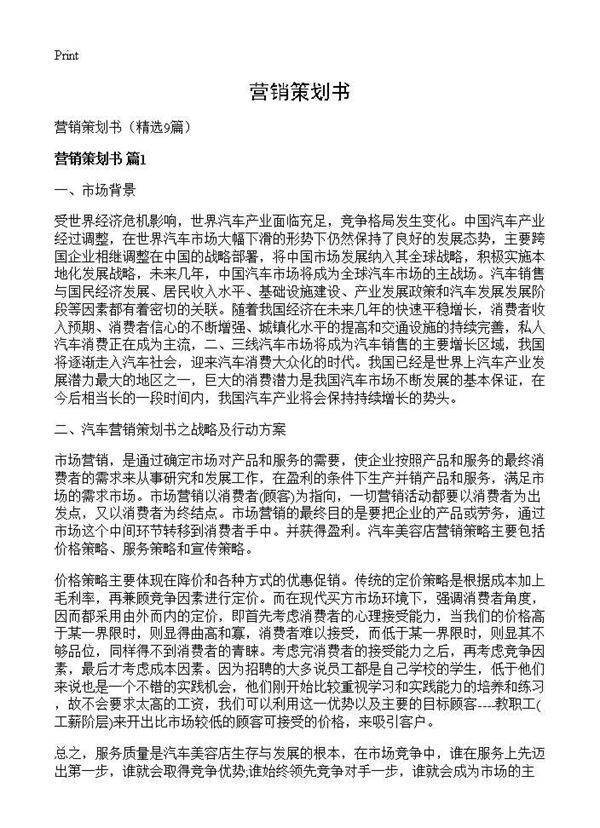 营销策划书9篇