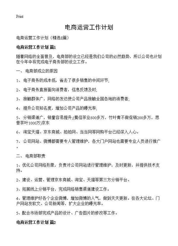 电商运营工作计划8篇