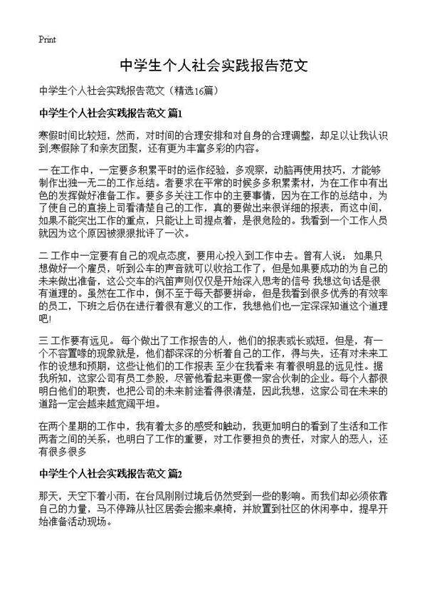 中学生个人社会实践报告范文16篇