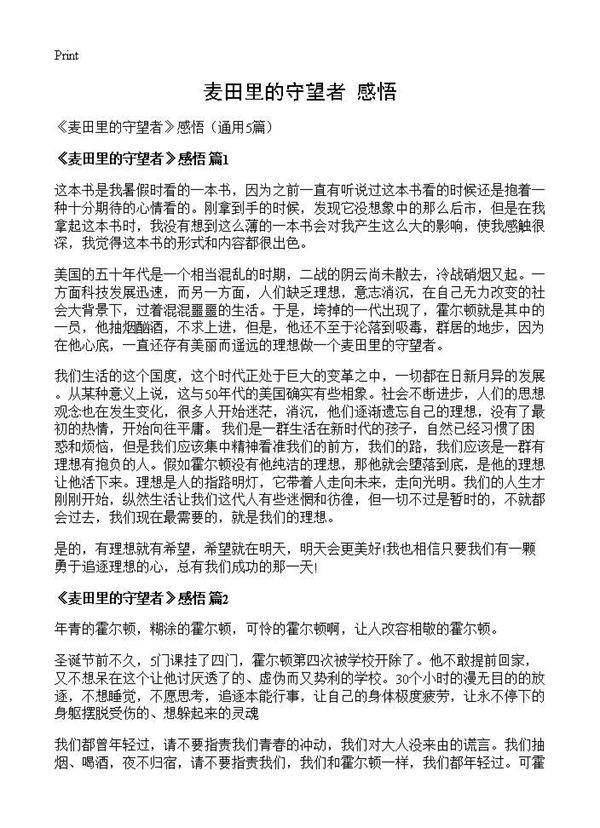 《麦田里的守望者》感悟5篇