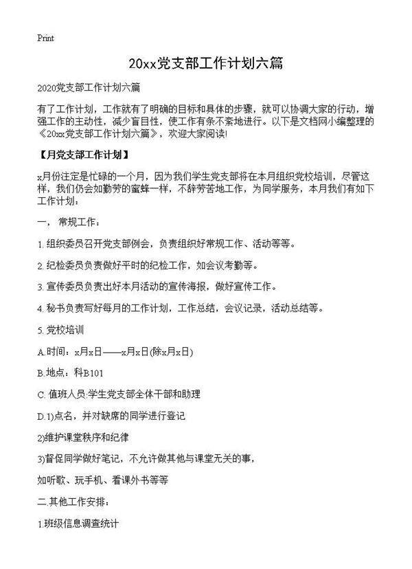 20XX党支部工作计划六篇